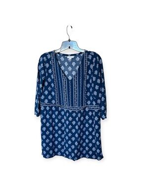 J. Jill Blue/White Seaside Woodblock Print Pullover V Neck Tunic Top Size Small